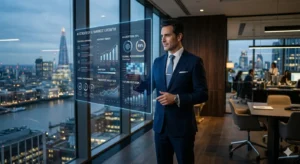 A business executive in a blue suit looks at and points to a floating blue holographic chart in a modern London skyscraper office at dusk. The hologram displays business data such as 'AI Strategy and Market Growth' and 'AI Adoption.'