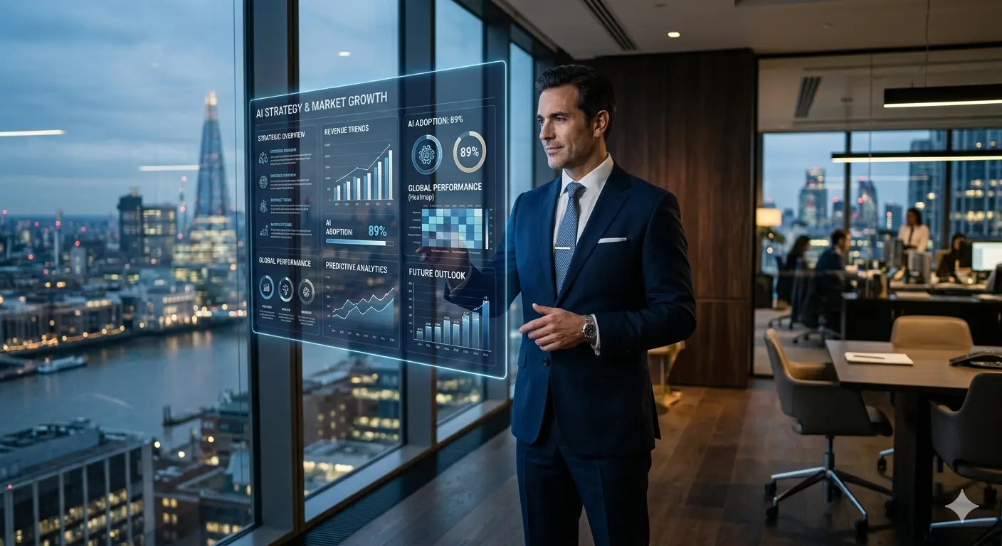 A business executive in a blue suit looks at and points to a floating blue holographic chart in a modern London skyscraper office at dusk. The hologram displays business data such as 'AI Strategy and Market Growth' and 'AI Adoption.'