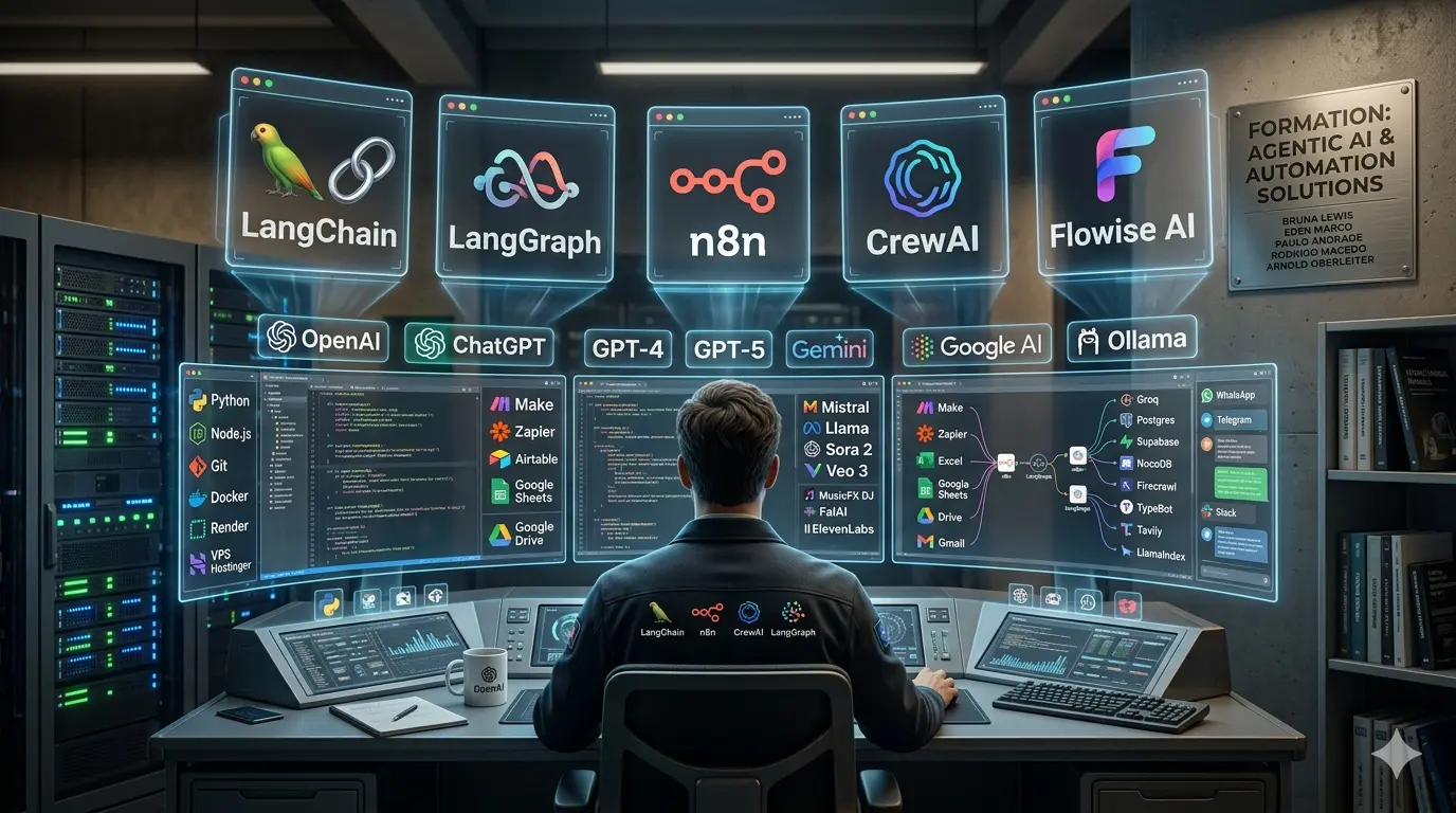 A photorealistic image of a man sitting with his back to the viewer at a futuristic control station, gazing at multiple monitors displaying complex holographic interfaces. Above the main monitors, five large AI and automation technology logos float in neon blue: LangChain, LangGraph, n8n, CrewAI, and Flowise AI. Below them, rows of smaller logos—such as OpenAI, Gemini, and Google AI—are visible. The screens display Python source code, workflow diagrams (including connections to Zapier and Make), and a wide range of infrastructure tools (like Docker and Python) and messaging services (such as WhatsApp, Telegram, and Slack). The man is wearing a black jacket featuring the four central logos on the back. The setting includes illuminated server racks and bookshelves. In the upper right corner, there is a metal plaque bearing the text 'FORMATION: AGENTIC AI & AUTOMATION SOLUTIONS' and the names of the instructors.