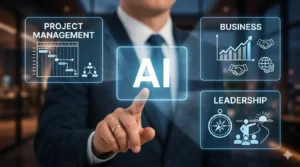 A cinematic, hyper-realistic image in wide format (16:9) showing the torso of a man wearing a navy blue suit and tie. He is pointing his index finger at a glowing, floating holographic interface. In the center, there is an illuminated rectangle featuring the acronym 'AI' prominently displayed. Surrounding it, three digital panels display icons and text: on the left, 'PROJECT MANAGEMENT' with a Gantt chart; in the top right corner, 'BUSINESS' with growth charts and a handshake; and in the bottom right corner, 'LEADERSHIP' with a compass and the silhouette of a leader guiding people toward the horizon. The background is a modern office setting, intentionally blurred to add depth to the scene.