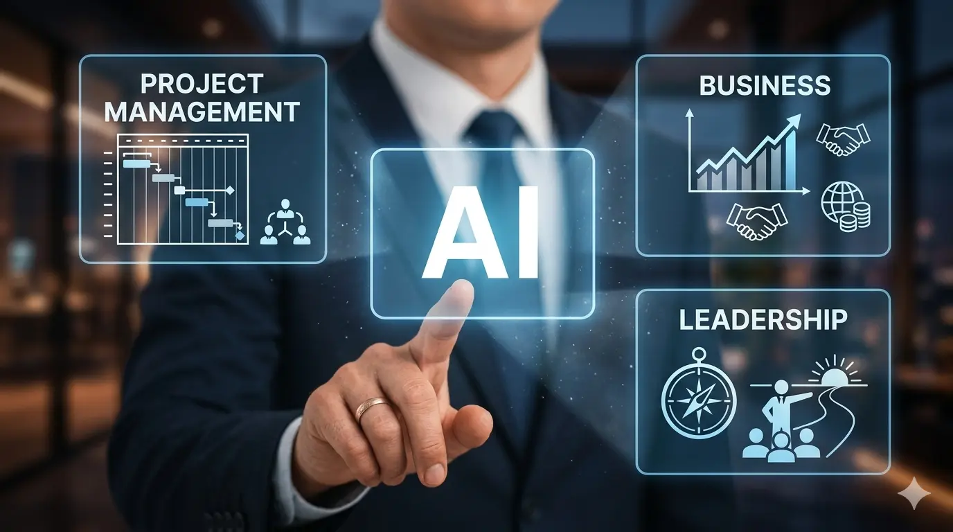 A cinematic, hyper-realistic image in wide format (16:9) showing the torso of a man wearing a navy blue suit and tie. He is pointing his index finger at a glowing, floating holographic interface. In the center, there is an illuminated rectangle featuring the acronym 'AI' prominently displayed. Surrounding it, three digital panels display icons and text: on the left, 'PROJECT MANAGEMENT' with a Gantt chart; in the top right corner, 'BUSINESS' with growth charts and a handshake; and in the bottom right corner, 'LEADERSHIP' with a compass and the silhouette of a leader guiding people toward the horizon. The background is a modern office setting, intentionally blurred to add depth to the scene.
