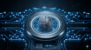 This image presents a striking visual representation of Artificial Intelligence (AI) and its intricate connection to cybernetic circuitry. The focal point is a brain split into two hemispheres: the left representing biology and the right, technology. The left hemisphere is meticulously rendered to resemble an organic neural network, featuring complex folds and fine filaments radiating outward, suggesting the intricate patterns of human thought and synaptic activity. The right hemisphere, conversely, is a mechanical brain composed of integrated circuit boards and microelectronic components, accented by glowing blue points of light that mimic the electrical impulses of an artificial neural network. Both hemispheres are encased in a metallic ring bearing the Portuguese inscriptions 'NÚCLEO DE IA CENTRAL' (Central AI Core) and 'CONEXÃO SINÁPTICA' (Synaptic Connection), serving as clear labels for the concepts the image explores. This central ring connects to a vast, expansive system of digital circuit traces spreading horizontally across a textured black background. These circuits glow with an intense, vibrant blue light, creating a dynamic, energetic effect that emphasizes the processing and transmission of digital information. The background features additional blurred blue dots and finer horizontal lines, creating depth and a sense of a vast digital ecosystem. The lighting is dramatically focused, illuminating the details of the brain and circuitry while the background remains dark, creating a striking visual contrast that symbolizes innovation and the future of technology.