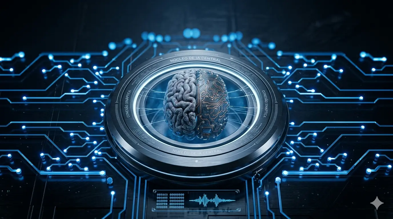 This image presents a striking visual representation of Artificial Intelligence (AI) and its intricate connection to cybernetic circuitry. The focal point is a brain split into two hemispheres: the left representing biology and the right, technology. The left hemisphere is meticulously rendered to resemble an organic neural network, featuring complex folds and fine filaments radiating outward, suggesting the intricate patterns of human thought and synaptic activity. The right hemisphere, conversely, is a mechanical brain composed of integrated circuit boards and microelectronic components, accented by glowing blue points of light that mimic the electrical impulses of an artificial neural network. Both hemispheres are encased in a metallic ring bearing the Portuguese inscriptions 'NÚCLEO DE IA CENTRAL' (Central AI Core) and 'CONEXÃO SINÁPTICA' (Synaptic Connection), serving as clear labels for the concepts the image explores. This central ring connects to a vast, expansive system of digital circuit traces spreading horizontally across a textured black background. These circuits glow with an intense, vibrant blue light, creating a dynamic, energetic effect that emphasizes the processing and transmission of digital information. The background features additional blurred blue dots and finer horizontal lines, creating depth and a sense of a vast digital ecosystem. The lighting is dramatically focused, illuminating the details of the brain and circuitry while the background remains dark, creating a striking visual contrast that symbolizes innovation and the future of technology.