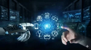 A hyper-realistic, cinematic image in 16:9 format showing a detailed robotic hand on the left meeting a human hand on the right. Both converge toward a glowing blue central digital core composed of digital marketing icons (such as a megaphone, email envelope, magnifying glass, smartphone, charts, and speech bubbles). The background is a dark, high-tech data center environment featuring blue neon lights and subtle circuitry, symbolizing the collaboration between artificial intelligence and humans.