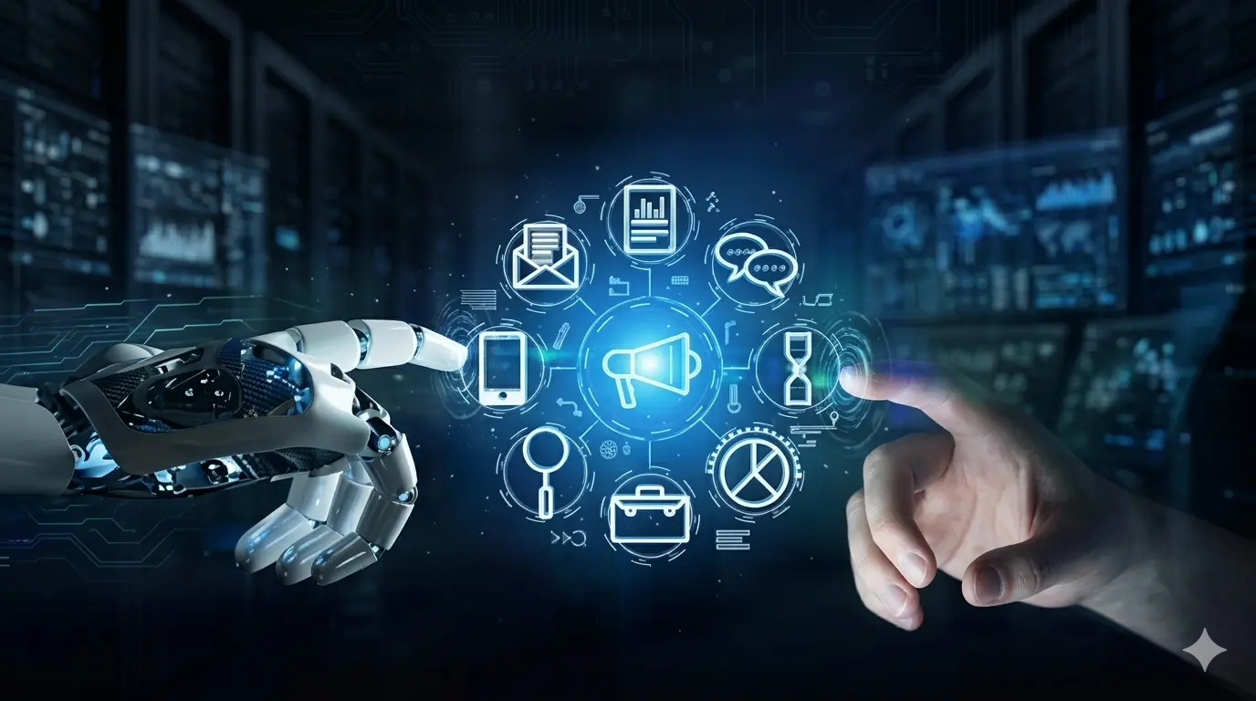 A hyper-realistic, cinematic image in 16:9 format showing a detailed robotic hand on the left meeting a human hand on the right. Both converge toward a glowing blue central digital core composed of digital marketing icons (such as a megaphone, email envelope, magnifying glass, smartphone, charts, and speech bubbles). The background is a dark, high-tech data center environment featuring blue neon lights and subtle circuitry, symbolizing the collaboration between artificial intelligence and humans.
