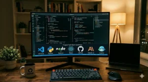 A photograph of a software development desk at night. On the central curved monitor, there is a summary of the project's technology stack, featuring the logos and names of VS Code, Python, Node.js, React, GitHub, Claude AI, and Copilot. On the wooden desk, there is a mug with the GitHub logo, plants, a mechanical keyboard, a mouse, and a laptop. The background shows bookshelves and a window overlooking the city at night.