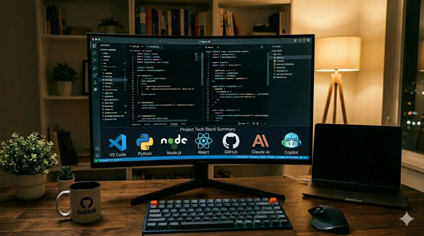 A photograph of a software development desk at night. On the central curved monitor, there is a summary of the project's technology stack, featuring the logos and names of VS Code, Python, Node.js, React, GitHub, Claude AI, and Copilot. On the wooden desk, there is a mug with the GitHub logo, plants, a mechanical keyboard, a mouse, and a laptop. The background shows bookshelves and a window overlooking the city at night.