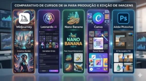 A horizontal infographic with a futuristic aesthetic and a high-tech office background, presenting a comparison of five AI tools arranged in vibrant vertical columns. At the top, the title reads 'COMPARISON OF AI COURSES FOR IMAGE PRODUCTION AND EDITING.' From left to right, the columns highlight: Midjourney (orange border, boat icon, and examples of detailed concept art); Leonardo AI (purple border, female face icon, and model variation interface); Nano Banana (green border, neon banana logo, and quick asset generation icons); Canva (violet border, 'C' logo, and social media design panels); and Adobe Photoshop (blue border, 'Ps' logo, and demonstrations of the Generative Fill tool for photo editing). Each column features its own neon lighting, creating a modern and organized look.