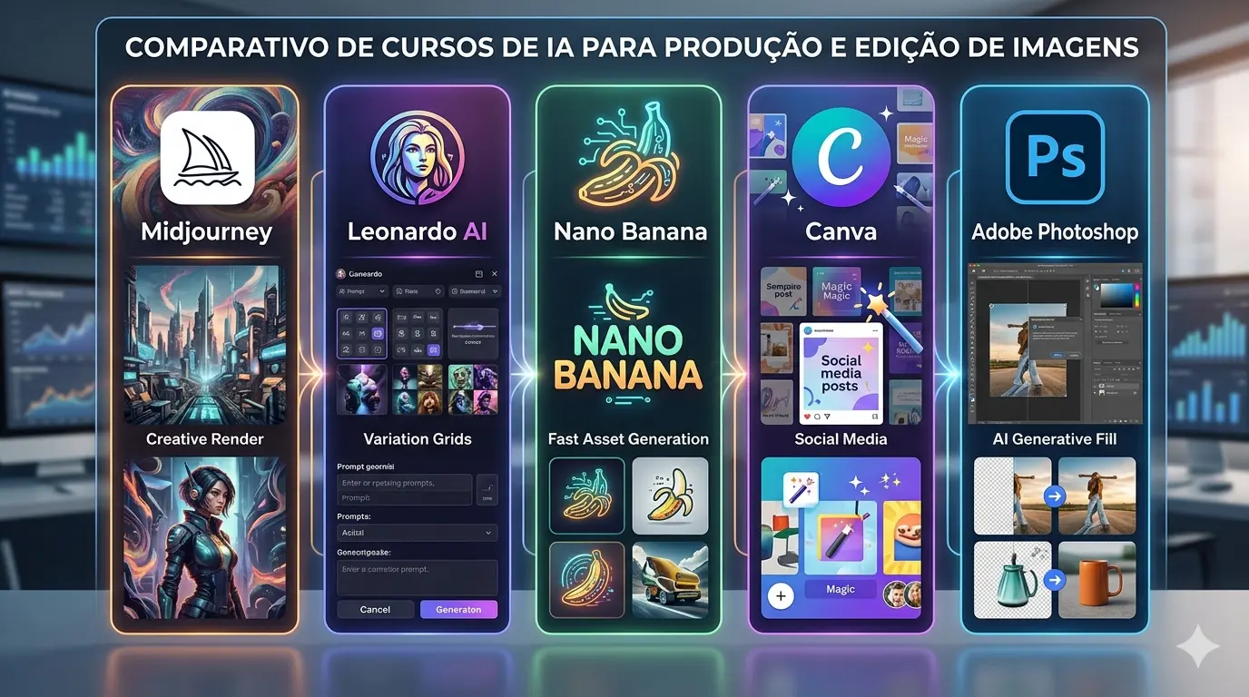 A horizontal infographic with a futuristic aesthetic and a high-tech office background, presenting a comparison of five AI tools arranged in vibrant vertical columns. At the top, the title reads 'COMPARISON OF AI COURSES FOR IMAGE PRODUCTION AND EDITING.' From left to right, the columns highlight: Midjourney (orange border, boat icon, and examples of detailed concept art); Leonardo AI (purple border, female face icon, and model variation interface); Nano Banana (green border, neon banana logo, and quick asset generation icons); Canva (violet border, 'C' logo, and social media design panels); and Adobe Photoshop (blue border, 'Ps' logo, and demonstrations of the Generative Fill tool for photo editing). Each column features its own neon lighting, creating a modern and organized look.