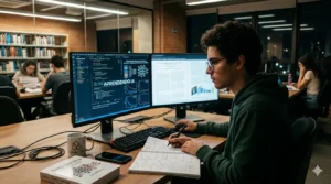 A hyper-realistic, cinematic photograph of a young student immersed in the study of Artificial Intelligence in a modern library at night. The student, wearing glasses and a green sweatshirt, sits at a wooden table, focused between two high-resolution monitors. The left screen displays lines of code and neural network graphs with the text 'LEARNING AI,' while the right screen shows a detailed scientific article. On the table, there is an open notebook where he is taking handwritten notes, a technical book titled 'Deep Learning,' a smartphone, and a coffee mug. The background is softly blurred, revealing other students and bookshelves bathed in warm, inviting lighting, creating an atmosphere of deep academic focus. The composition features a 16:9 aspect ratio with vibrant colors and sharp contrasts.