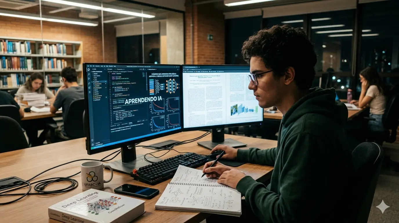 A hyper-realistic, cinematic photograph of a young student immersed in the study of Artificial Intelligence in a modern library at night. The student, wearing glasses and a green sweatshirt, sits at a wooden table, focused between two high-resolution monitors. The left screen displays lines of code and neural network graphs with the text 'LEARNING AI,' while the right screen shows a detailed scientific article. On the table, there is an open notebook where he is taking handwritten notes, a technical book titled 'Deep Learning,' a smartphone, and a coffee mug. The background is softly blurred, revealing other students and bookshelves bathed in warm, inviting lighting, creating an atmosphere of deep academic focus. The composition features a 16:9 aspect ratio with vibrant colors and sharp contrasts.