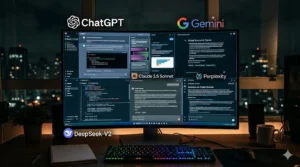 A hyper-realistic, cinematic image of a modern workstation at night. In the center, a high-resolution monitor displays a multitasking interface with open windows containing programming code, global economic trend charts, and text about nuclear fusion. Prominently floating around the screen are the logos of leading AI models: ChatGPT, Gemini, Claude 3.5 Sonnet, Perplexity, and DeepSeek-V2. The setup includes an RGB-backlit mechanical keyboard, a mouse, a coffee mug, and a notebook resting on a dark wood desk. In the background, through a window, the blurred lights of a city (bokeh) create a high-tech, productive atmosphere.