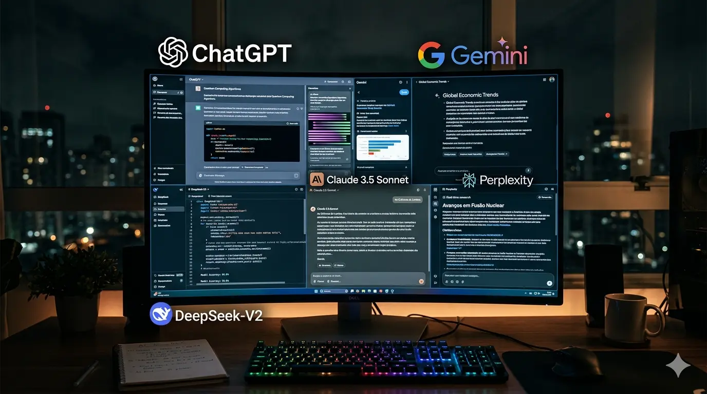 A hyper-realistic, cinematic image of a modern workstation at night. In the center, a high-resolution monitor displays a multitasking interface with open windows containing programming code, global economic trend charts, and text about nuclear fusion. Prominently floating around the screen are the logos of leading AI models: ChatGPT, Gemini, Claude 3.5 Sonnet, Perplexity, and DeepSeek-V2. The setup includes an RGB-backlit mechanical keyboard, a mouse, a coffee mug, and a notebook resting on a dark wood desk. In the background, through a window, the blurred lights of a city (bokeh) create a high-tech, productive atmosphere.