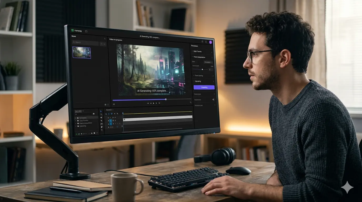 A hyper-realistic photograph showing a young man in profile, wearing glasses, seated in front of a professional, thin-bezel monitor in a design studio. The screen displays the interface of AI-powered video editing and generation software, where a futuristic cityscape is being rendered. In the center of the screen, the message 'AI Generating: 65% complete...' is visible. The setting is softly illuminated by warm and bluish lights, revealing a wooden desk with a mechanical keyboard, headphones, and a mug. The focus is on the screen and the user's concentrated expression, conveying an atmosphere of advanced technology and creative workflow.