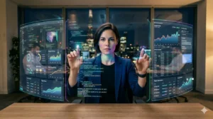 A cinematic, hyper-realistic photograph of a professional woman viewed from the front, interacting with translucent holographic interfaces floating in the air before her. The digital screens display data streams, colorful charts, and lines of code in a futuristic style. She is wearing a blue blazer and displays intense focus. The setting is a high-end modern office at night, with large windows in the background revealing a metropolis's illuminated skyline. The lighting is dramatic, with the bluish glow from the screens softly reflecting off her face.