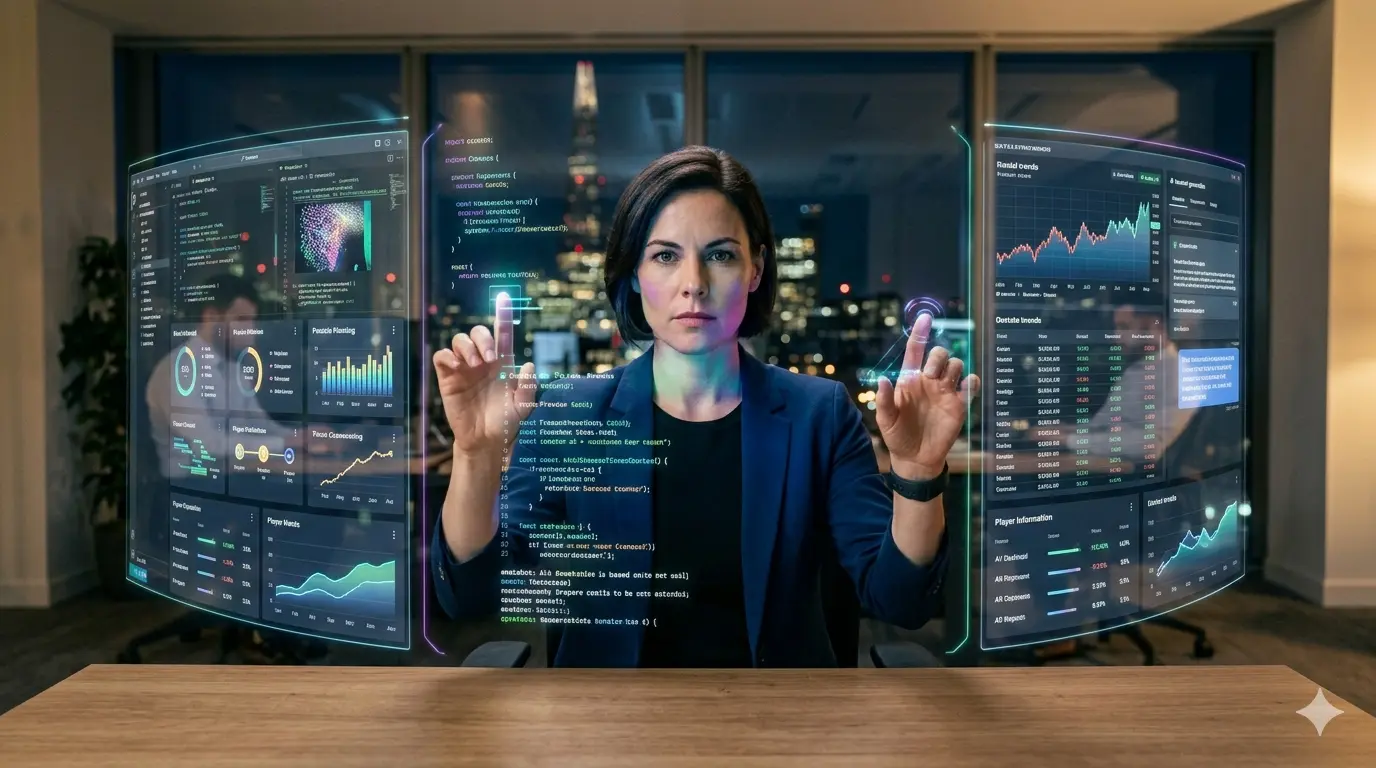 A cinematic, hyper-realistic photograph of a professional woman viewed from the front, interacting with translucent holographic interfaces floating in the air before her. The digital screens display data streams, colorful charts, and lines of code in a futuristic style. She is wearing a blue blazer and displays intense focus. The setting is a high-end modern office at night, with large windows in the background revealing a metropolis's illuminated skyline. The lighting is dramatic, with the bluish glow from the screens softly reflecting off her face.