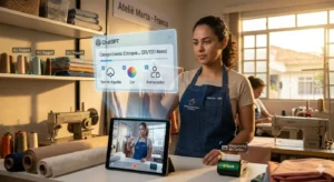 A high-quality, warm-lit photograph of a sewing studio and small-scale garment workshop in Franca, São Paulo. The central figure is Marta, a 30-year-old Brazilian micro-entrepreneur (MEI), wearing a practical apron that reads 'MARTA - MEI.' She is focused on an advanced interaction with AI. A translucent, holographic ChatGPT interface is projected over her tablet, which is displaying a live camera feed. This interface cleanly displays the OpenAI icon and a progress bar reading: 'Categorizing Inventory... (20/120 items).' Authentic details anchor the image in the local setting: a small Brazilian payment terminal (card machine), colorful spools of thread, folded fabrics, and a rustic sign in the background reading 'Ateliê Marta - Franca.' Late-afternoon natural light streams through the window, creating an atmosphere of genuine productivity and seamlessly integrated technology. Free of cluttered or oversized text, the image tells the story of 'autonomous execution' at a glance.