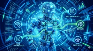 Stylized digital illustration of a humanoid robot representing an AI agent, featuring a central logic board labeled 'N8N.' Data flows connect to floating icons representing APIs, OpenAI, DeepSeek, and RAG databases against a blue cyber-style background.