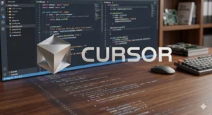 A photorealistic 3D render shows a textured wooden desk where, in the foreground, a floating silver geometric sculpture of a truncated icosahedron sits to the left of the company logo 'CURSOR' in white uppercase letters. Behind these two floating items, a black computer monitor displays the Visual Studio Code development environment, with project file folders listed on the left and code visible on the right. To the right of the monitor, a black keyboard and a black mouse rest on the desk. A wooden bookshelf behind the desk holds a blue book on the top shelf and an electronic circuit board on the middle shelf. Lines of program code are reflected on the wooden desk's surface.