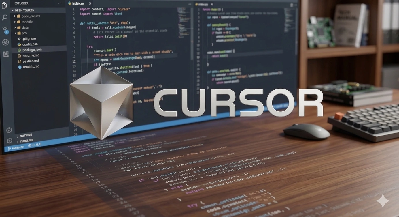 A photorealistic 3D render shows a textured wooden desk where, in the foreground, a floating silver geometric sculpture of a truncated icosahedron sits to the left of the company logo 'CURSOR' in white uppercase letters. Behind these two floating items, a black computer monitor displays the Visual Studio Code development environment, with project file folders listed on the left and code visible on the right. To the right of the monitor, a black keyboard and a black mouse rest on the desk. A wooden bookshelf behind the desk holds a blue book on the top shelf and an electronic circuit board on the middle shelf. Lines of program code are reflected on the wooden desk's surface.