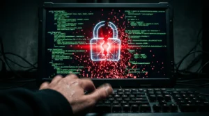 Close-up of a dark screen showing neon-green programming code fragmenting into red, with a broken digital padlock icon in the center, symbolizing the critical cybersecurity risk posed by GPT-6 Astra.