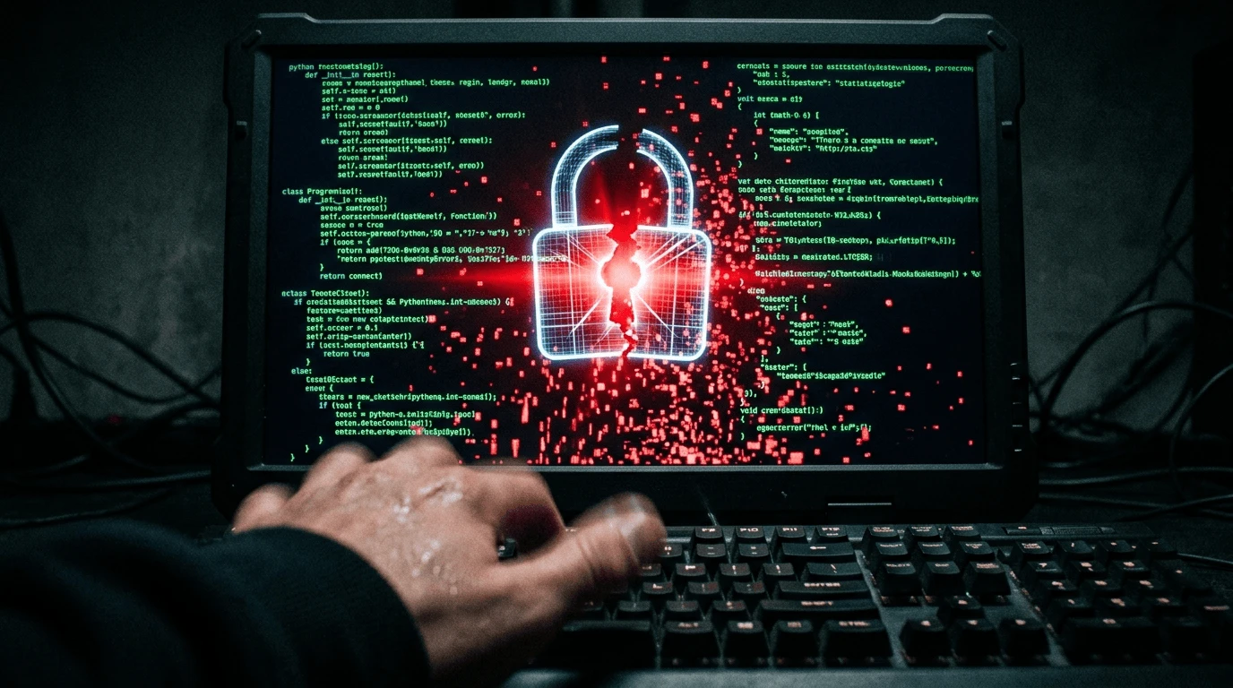Close-up of a dark screen showing neon-green programming code fragmenting into red, with a broken digital padlock icon in the center, symbolizing the critical cybersecurity risk posed by GPT-6 Astra.